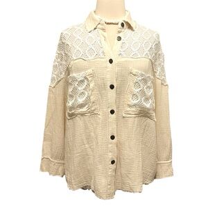 NWT POL Cream Crochet Yoke Button-Down Shirt sz M